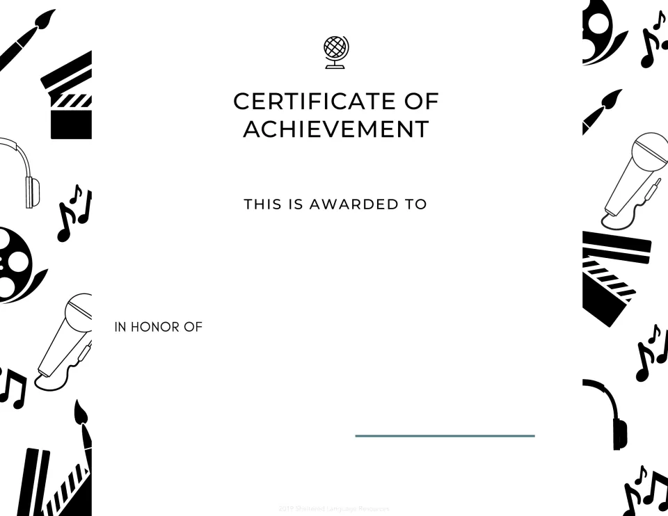 Arts-themed Certificate of Achievement with music notes, microphones, film reels and paintbrushes, 'This is awarded to'