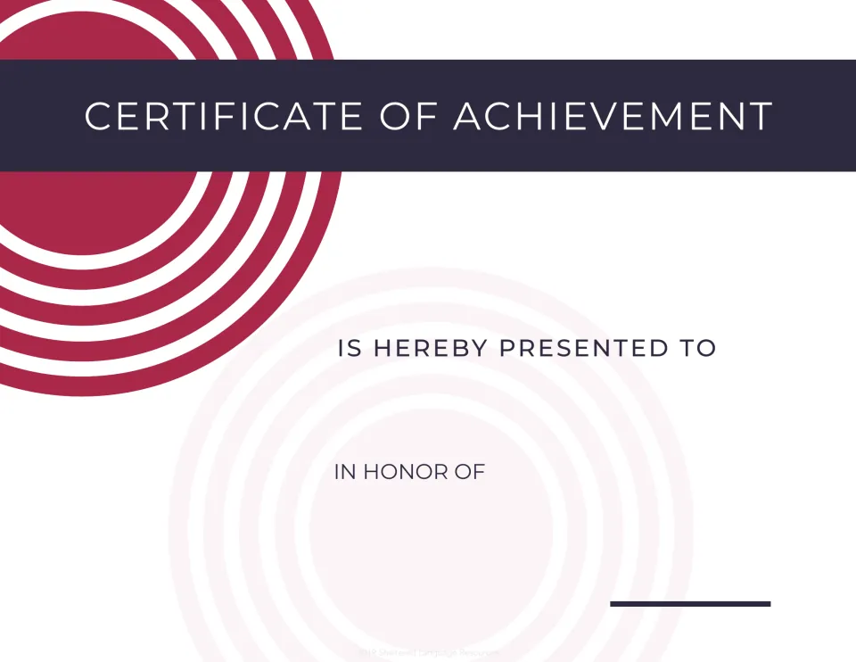 Certificate of Achievement on a navy banner with crimson rings, 'is hereby presented to' a student, noting what it honors