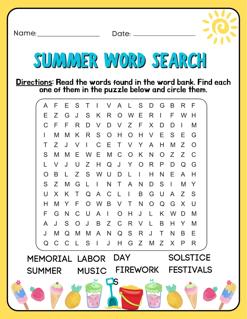 Summer holidays word search: students find and circle Memorial, Labor Day, solstice, music, fireworks and festivals