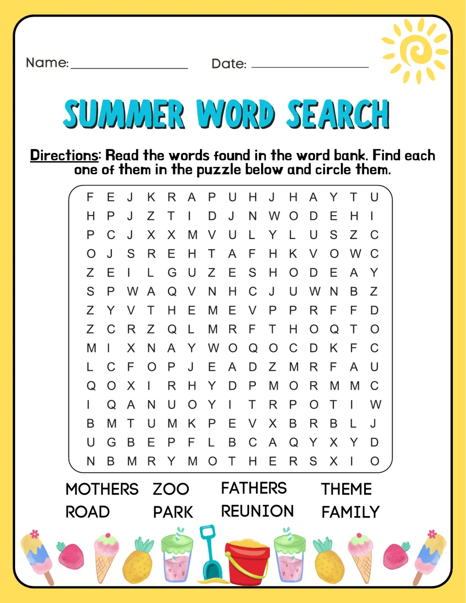 Family outings word search: students circle mothers, fathers, family, reunion, zoo, theme park and road in the puzzle