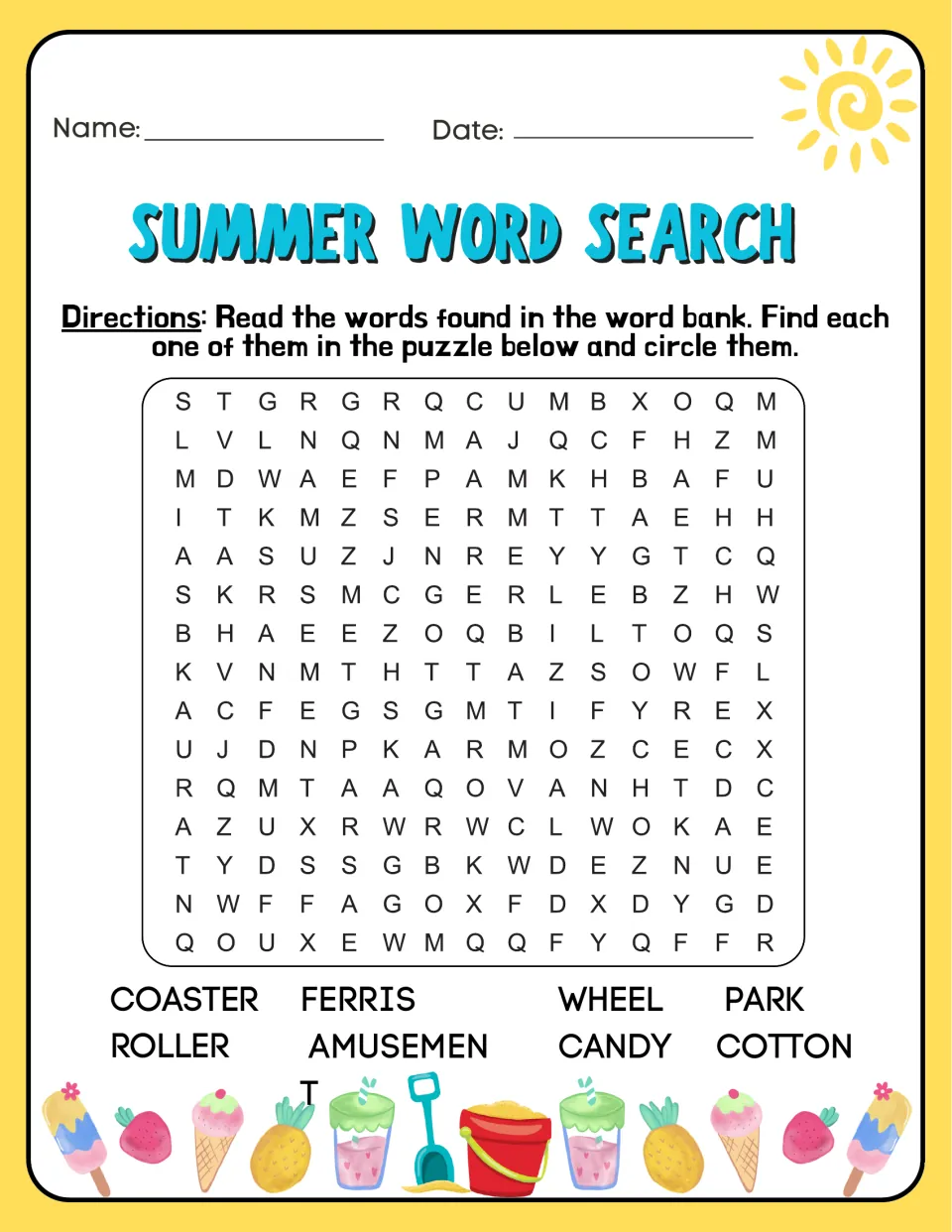 Amusement park word search: students hunt for roller coaster, Ferris wheel, cotton candy and amusement park in the puzzle