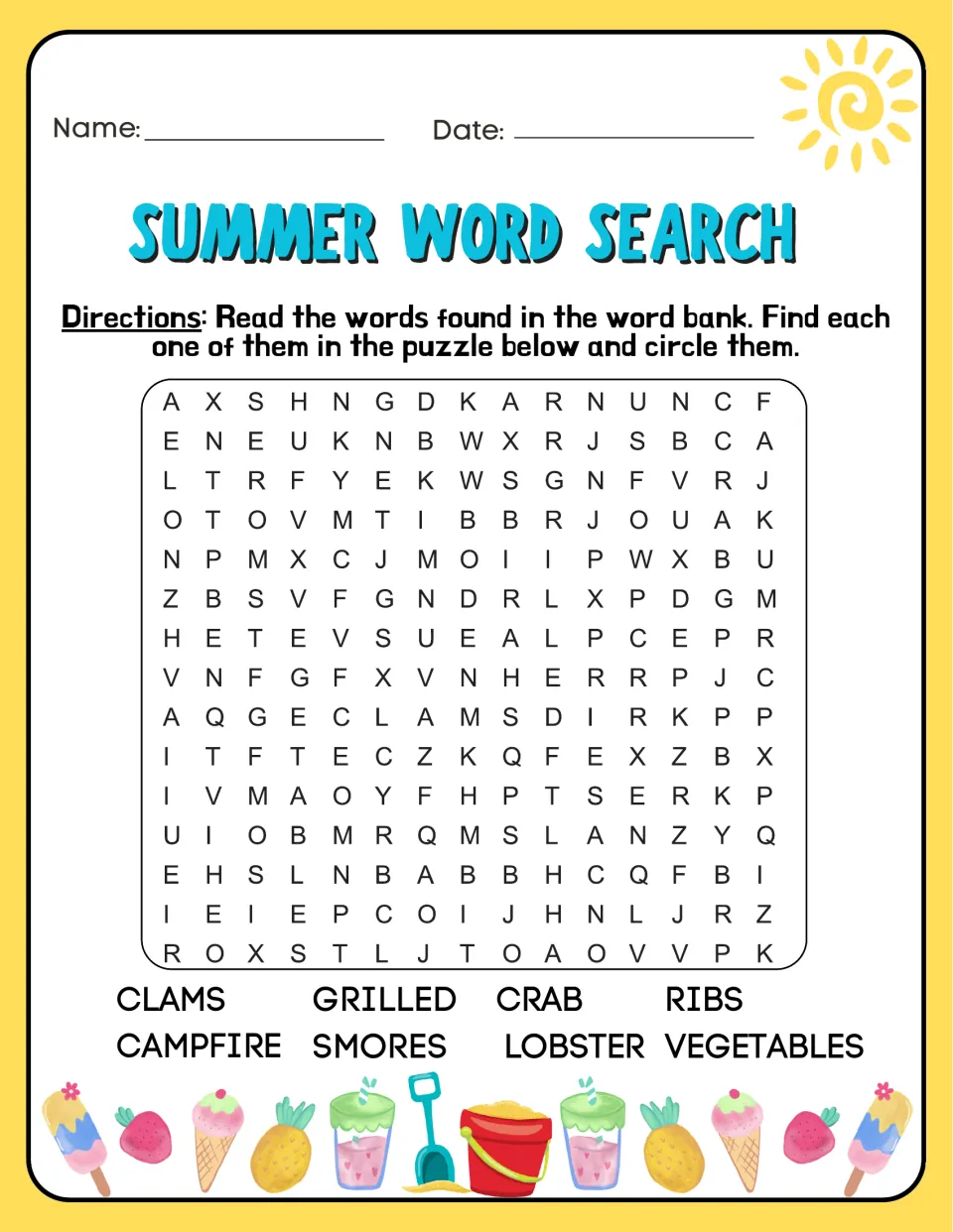 Summer cookout word search: students circle clams, crab, lobster, ribs, grilled vegetables, campfire and s'mores