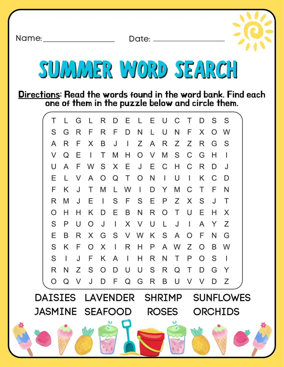 Flowers and seafood word search: students find daisies, lavender, jasmine, roses, orchids, sunflowers and shrimp