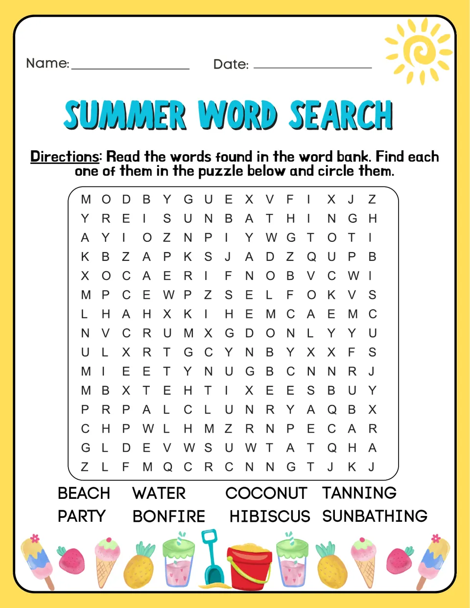 Beach party word search: students find beach, party, water, bonfire, coconut, hibiscus, tanning and sunbathing