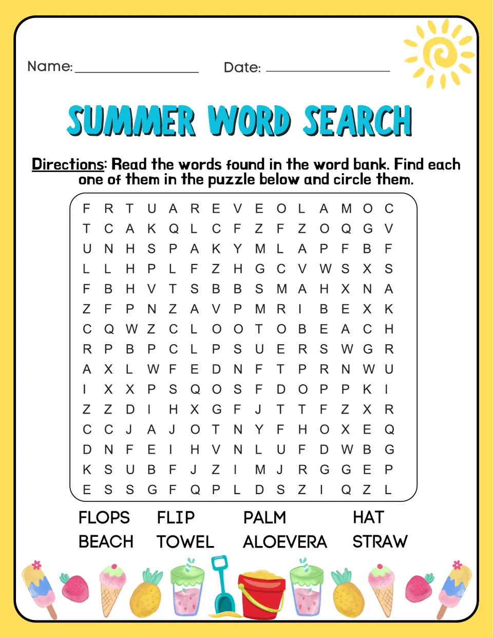 Beach gear word search: students circle flip flops, beach towel, palm, straw hat and aloe vera in the letter puzzle