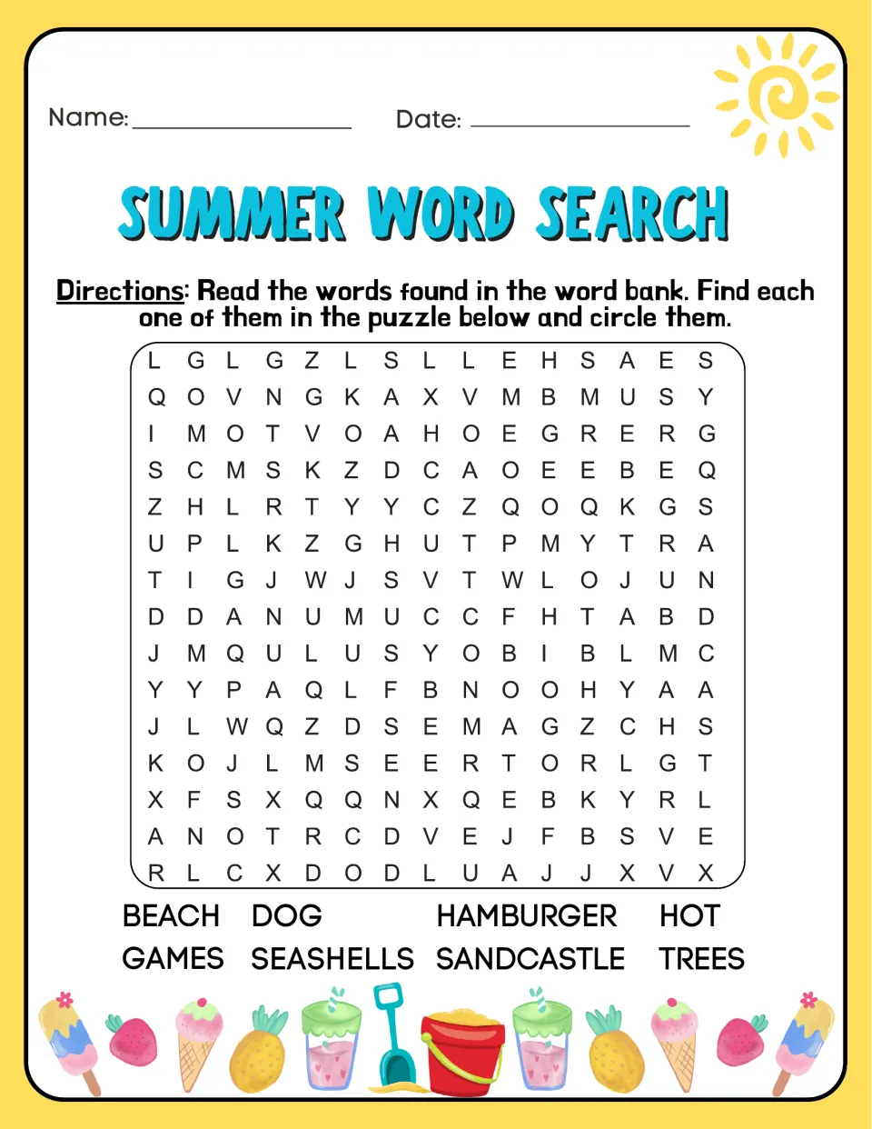 Seaside fun word search: students search for beach games, hot dog, hamburger, seashells, sandcastle and trees