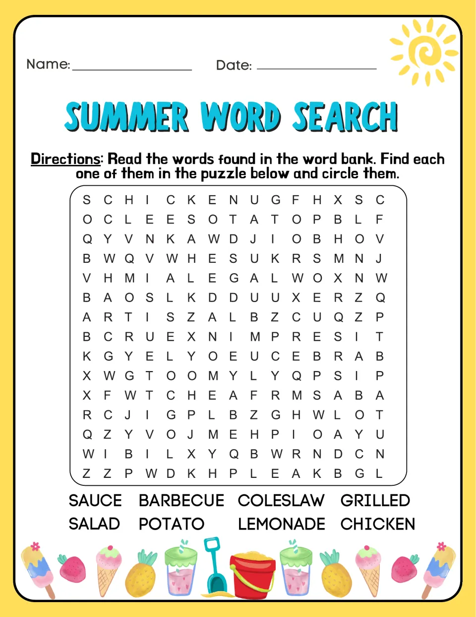 Barbecue food word search: students find barbecue sauce, grilled chicken, potato salad, coleslaw and lemonade