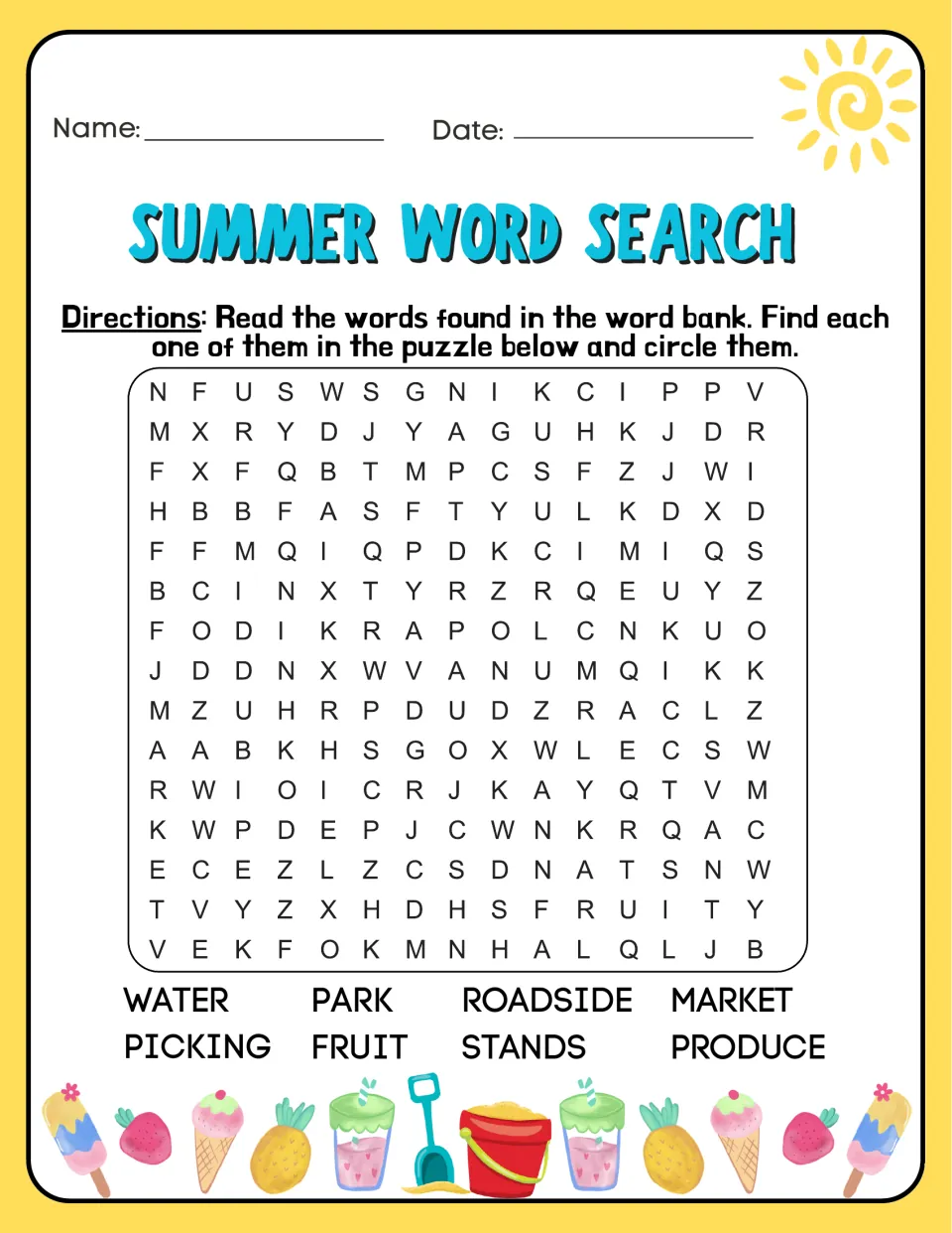 Summer day trips word search: students circle water park, fruit picking, roadside stands, market and produce words