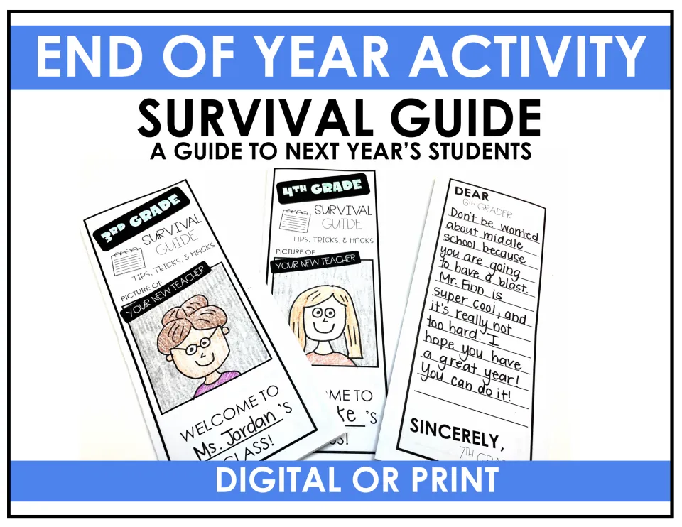 End of Year Survival Guides cover shows sample brochures welcoming next year’s students, in digital or print.