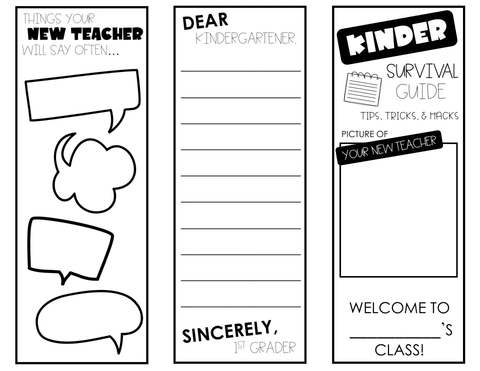 Kindergarten brochure outer panels prompt teacher sayings, a welcome letter, and a drawing of the new teacher.