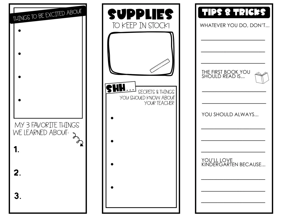 Kindergarten brochure inner panels ask for favorite learning, supplies, teacher facts, and tips for newcomers.