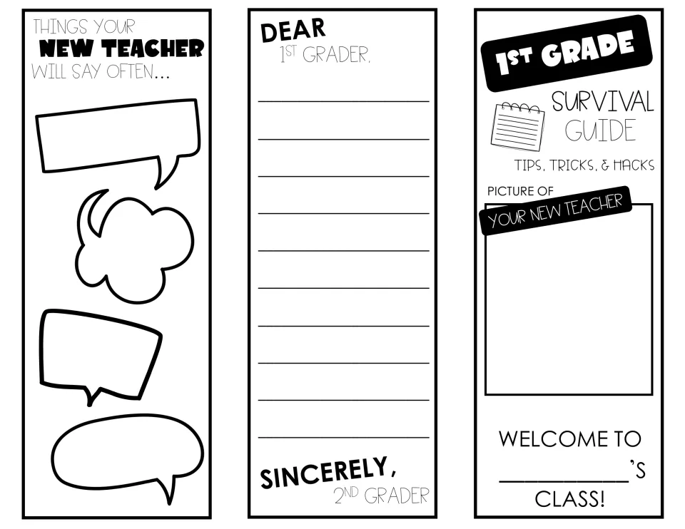 First-grade brochure outer panels include teacher sayings, a teacher portrait prompt, and a welcome letter.