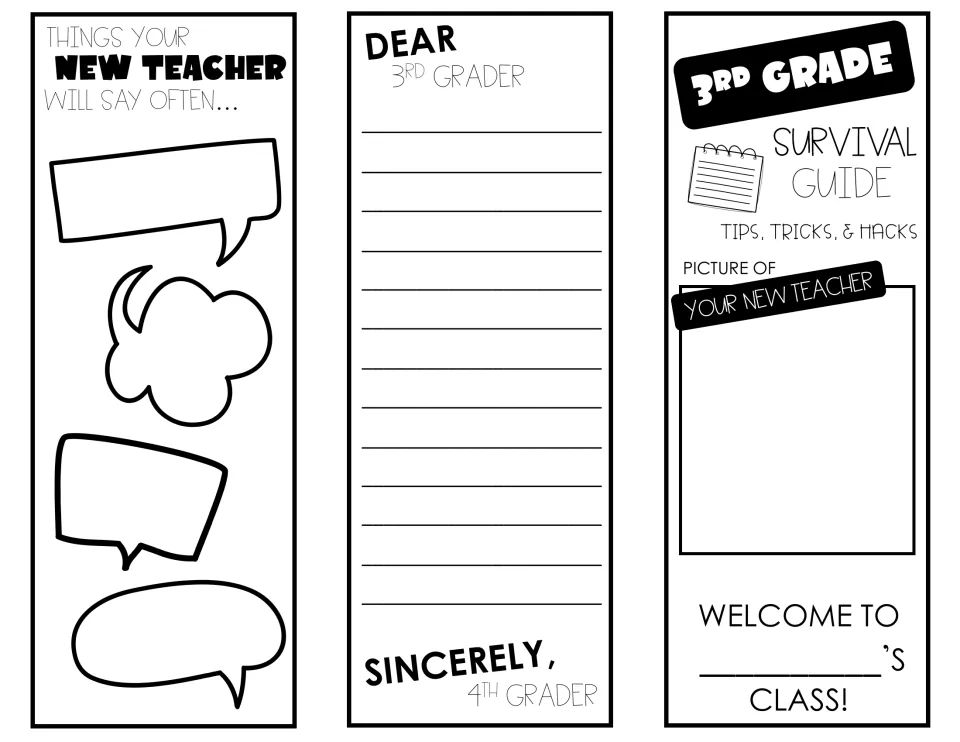 Third-grade brochure outer panels feature teacher sayings, a teacher portrait prompt, and a letter to a third grader.