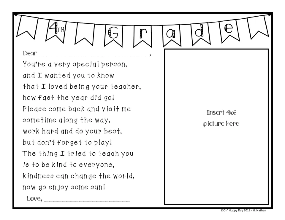 4th Grade teacher's poem to a student about kindness changing the world, with name and signature blanks and a photo spot