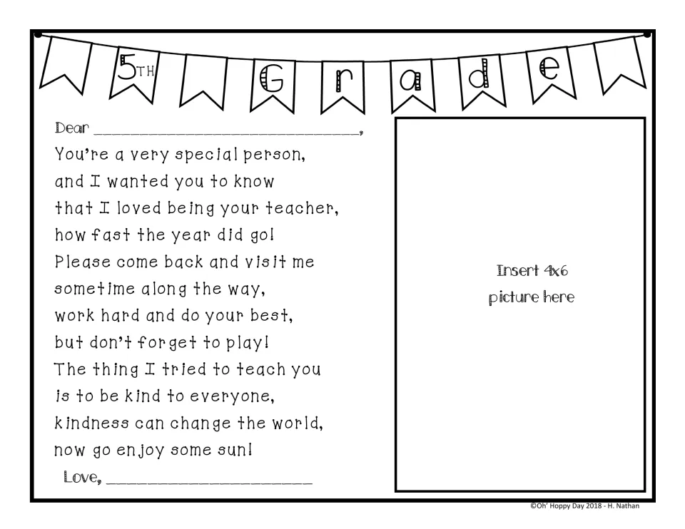 5th Grade keepsake poem, 'You're a very special person,' addressed to a student and signed by the teacher, with photo spot