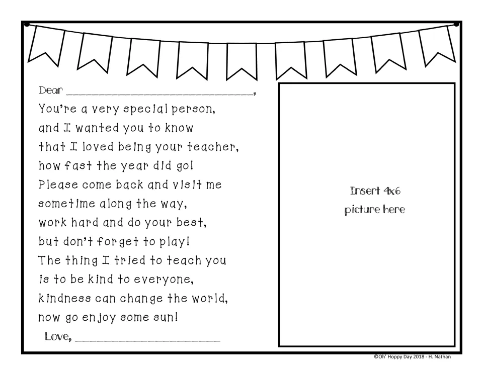 Blank-banner version of the goodbye poem so teachers can write in any grade or class name, with a 4x6 photo spot