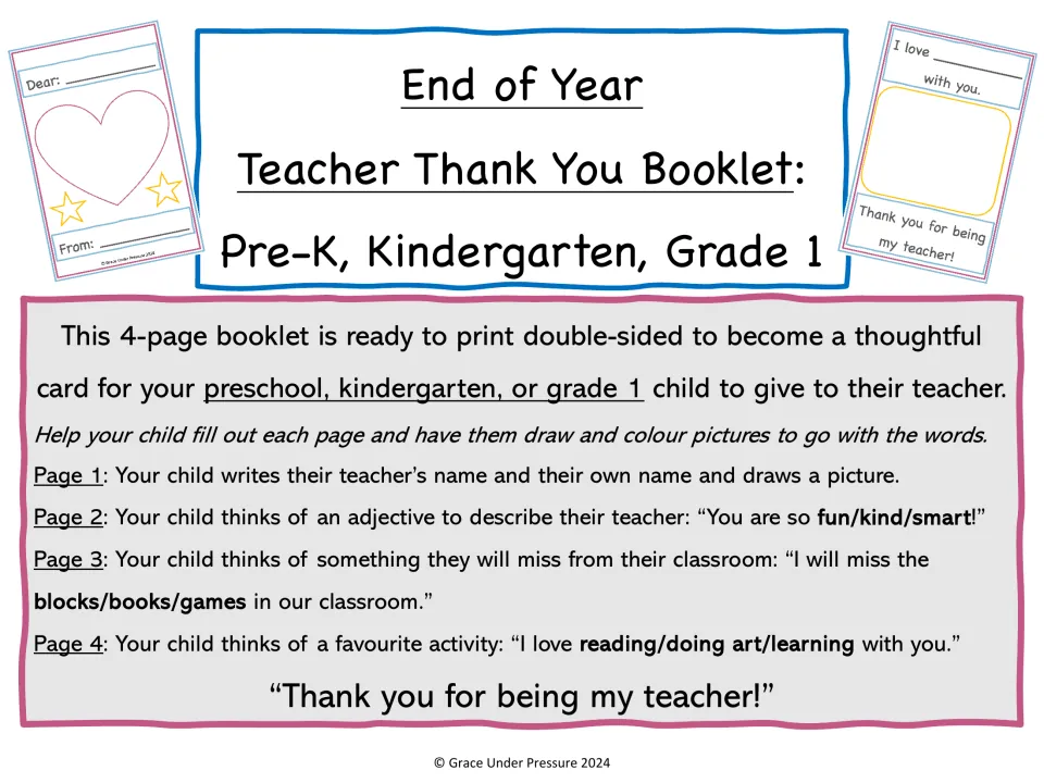 Thank-you booklet cover: directions for four pages where a child writes names, an adjective and draws matching pictures