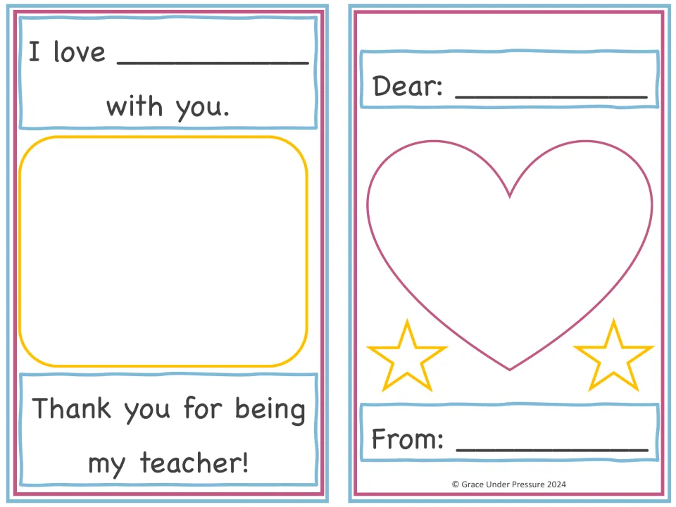 Front and back of the card: Dear and From name lines with a heart, and an 'I love ___ with you' sentence to draw