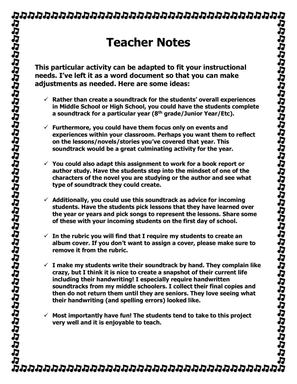 Teacher notes for adapting the soundtrack assignment to a school year, classroom experiences, or a novel