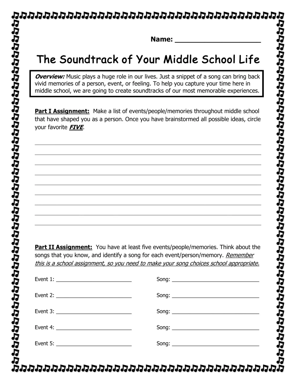 Middle school soundtrack assignment: brainstorm meaningful memories, choose five, and match each to a song