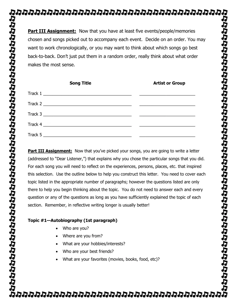 Soundtrack assignment directions for ordering five songs and starting a 'Dear Listener' reflective letter