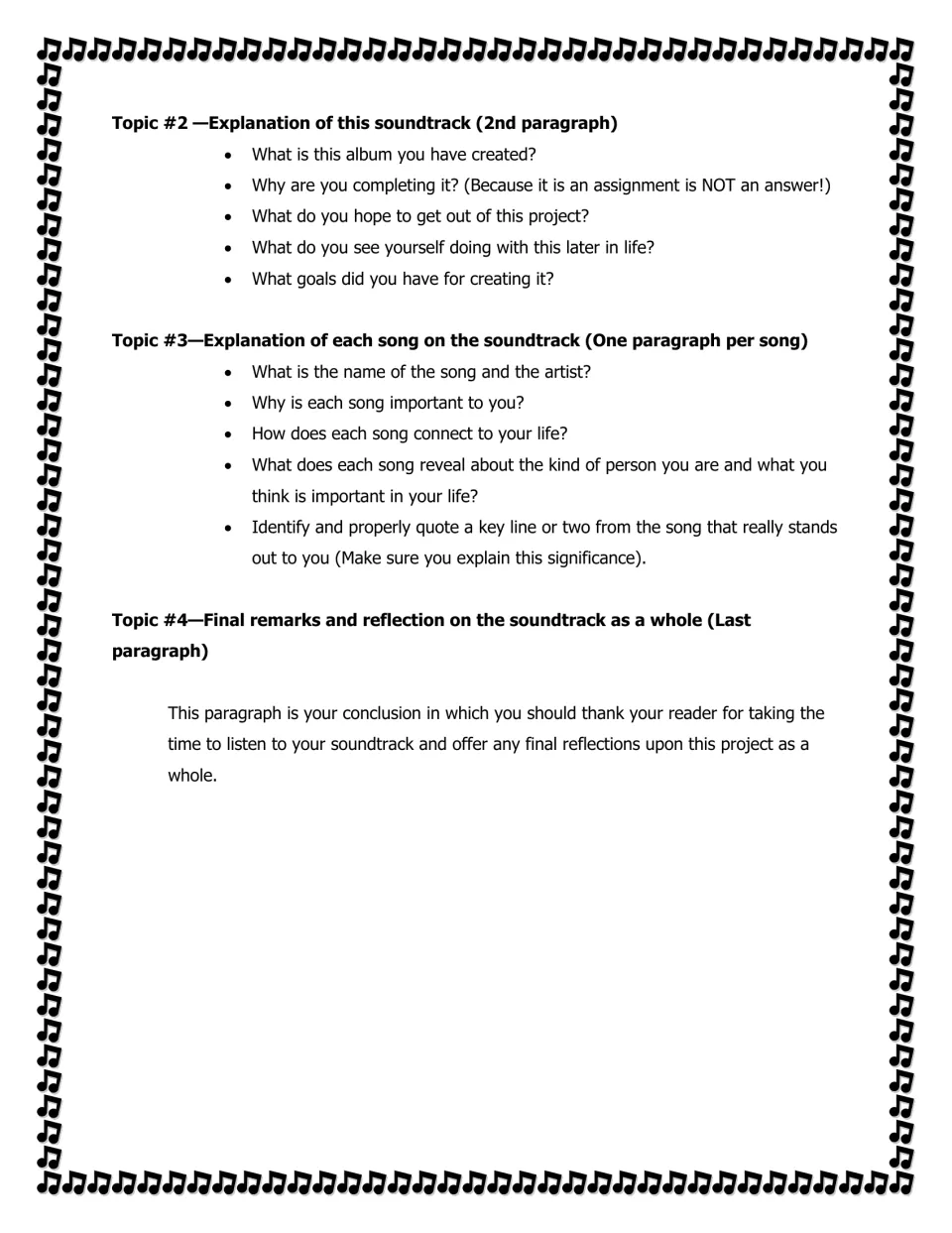 Soundtrack letter prompts: explain the project, connect each song to your life, and write a final reflection