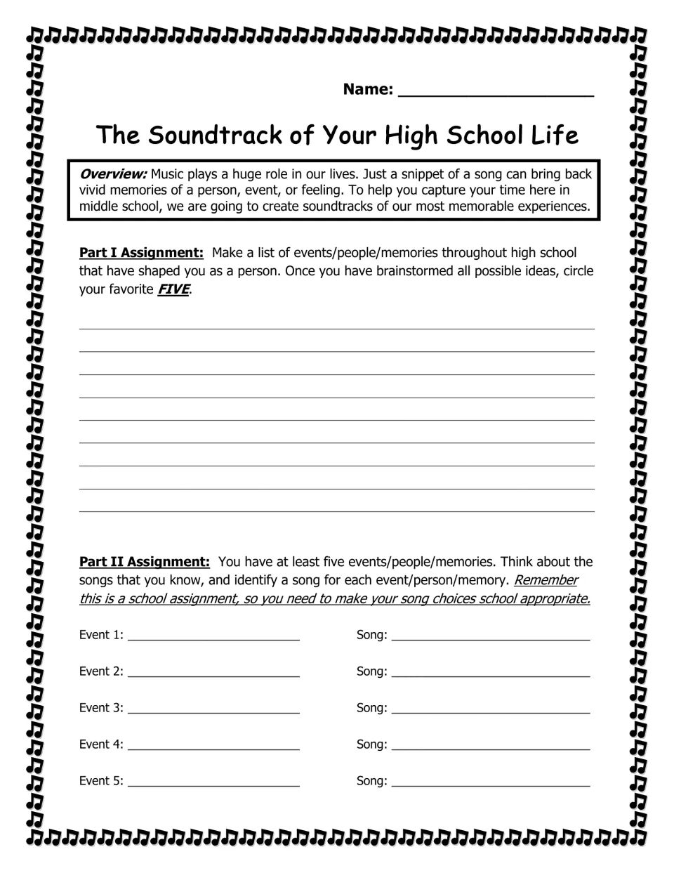 High school soundtrack assignment: brainstorm meaningful memories, choose five, and pair each with a song