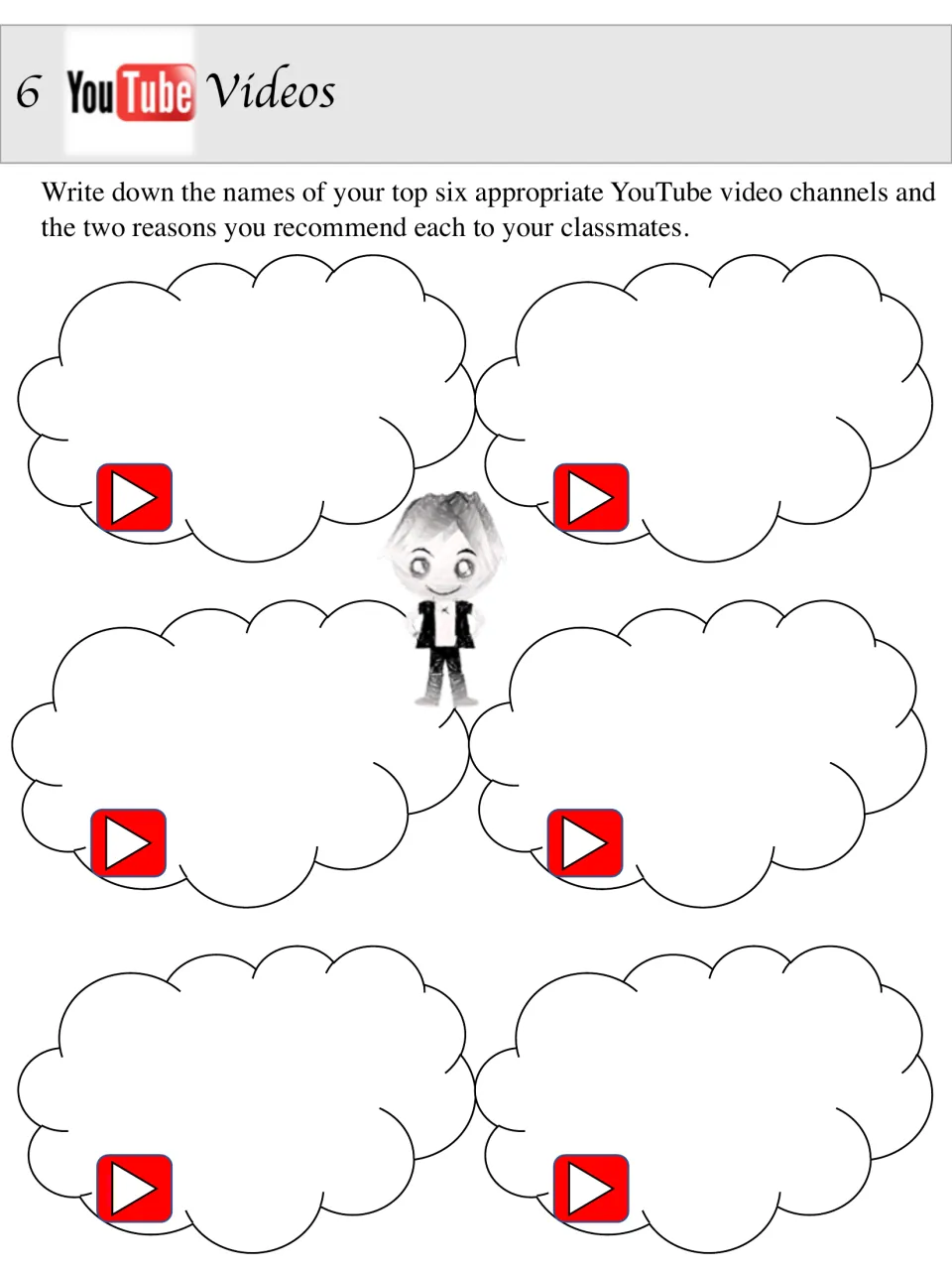 6 YouTube Videos: students name six appropriate YouTube channels and give two reasons they recommend each to classmates