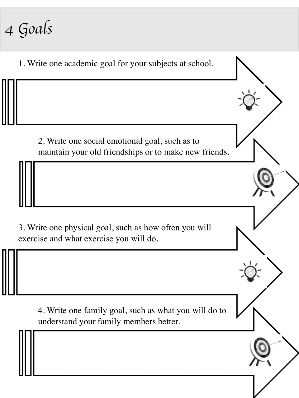 4 Goals: students write four personal goals: one academic, one social emotional, one physical and one family goal