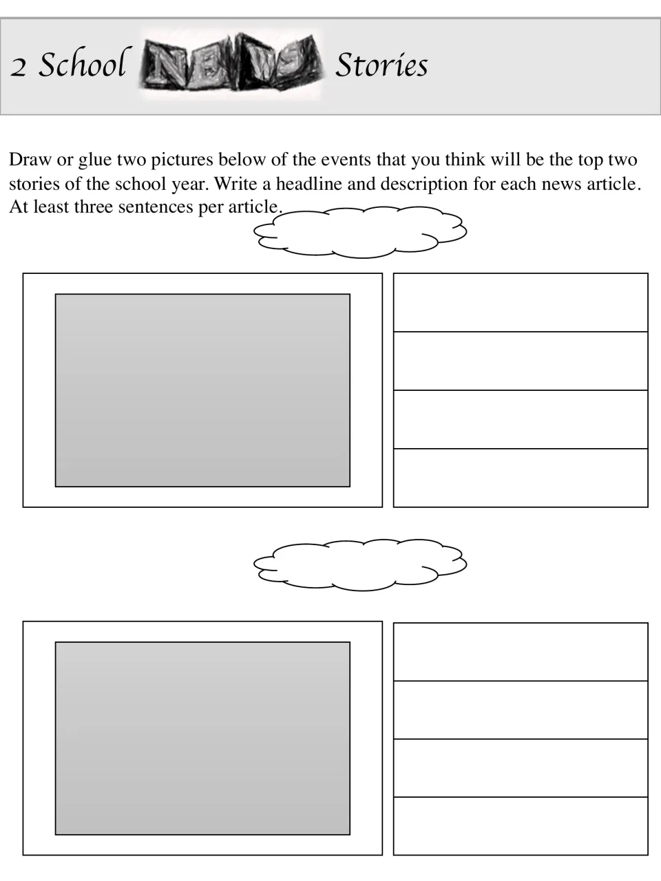 2 School News Stories: students draw two top school-year events, then write a headline and an article of 3+ sentences