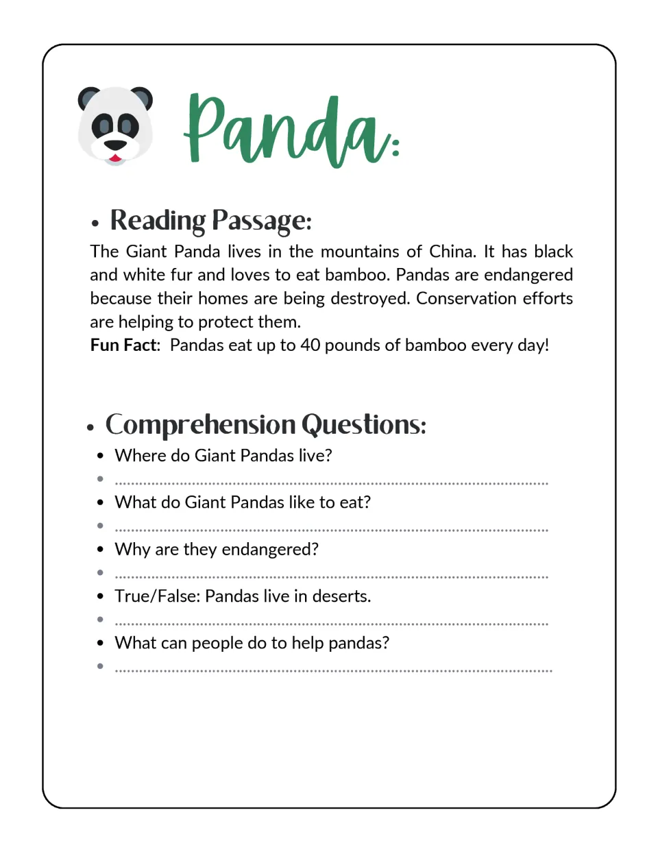 Panda reading passage and five comprehension questions about its habitat, bamboo diet, threats, and protection