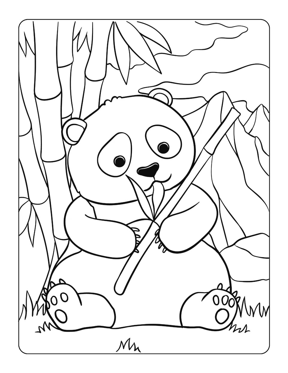 Panda coloring page accompanying the reading passage, showing a panda holding bamboo near mountains