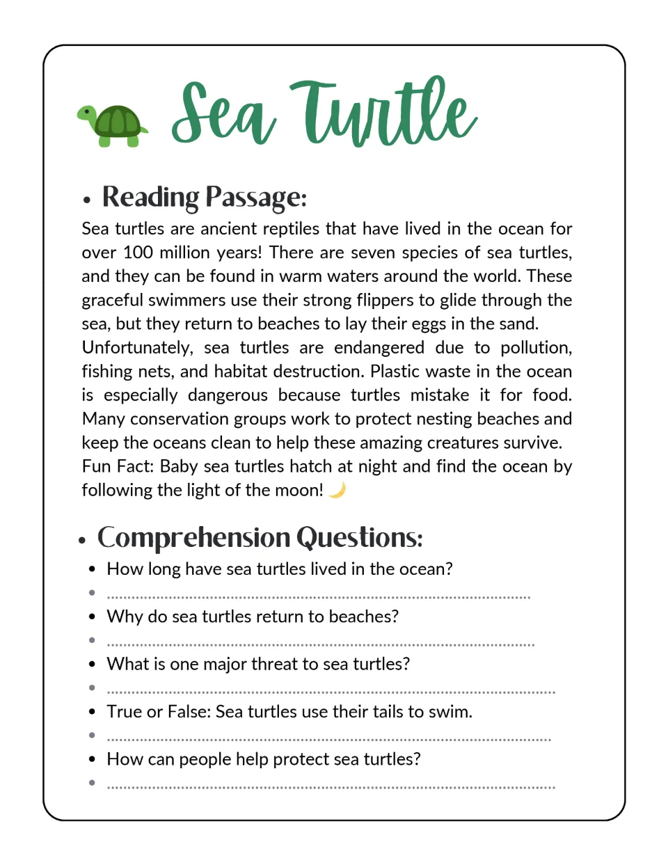 Sea turtle reading passage and five questions about ocean life, nesting beaches, threats, and protection