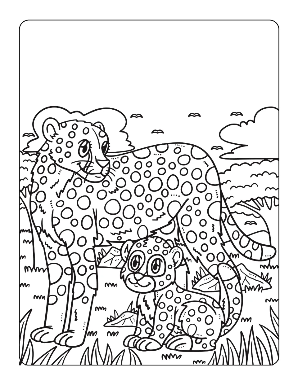 Snow leopard coloring page accompanying the reading passage, showing an adult and cub among rocks and plants