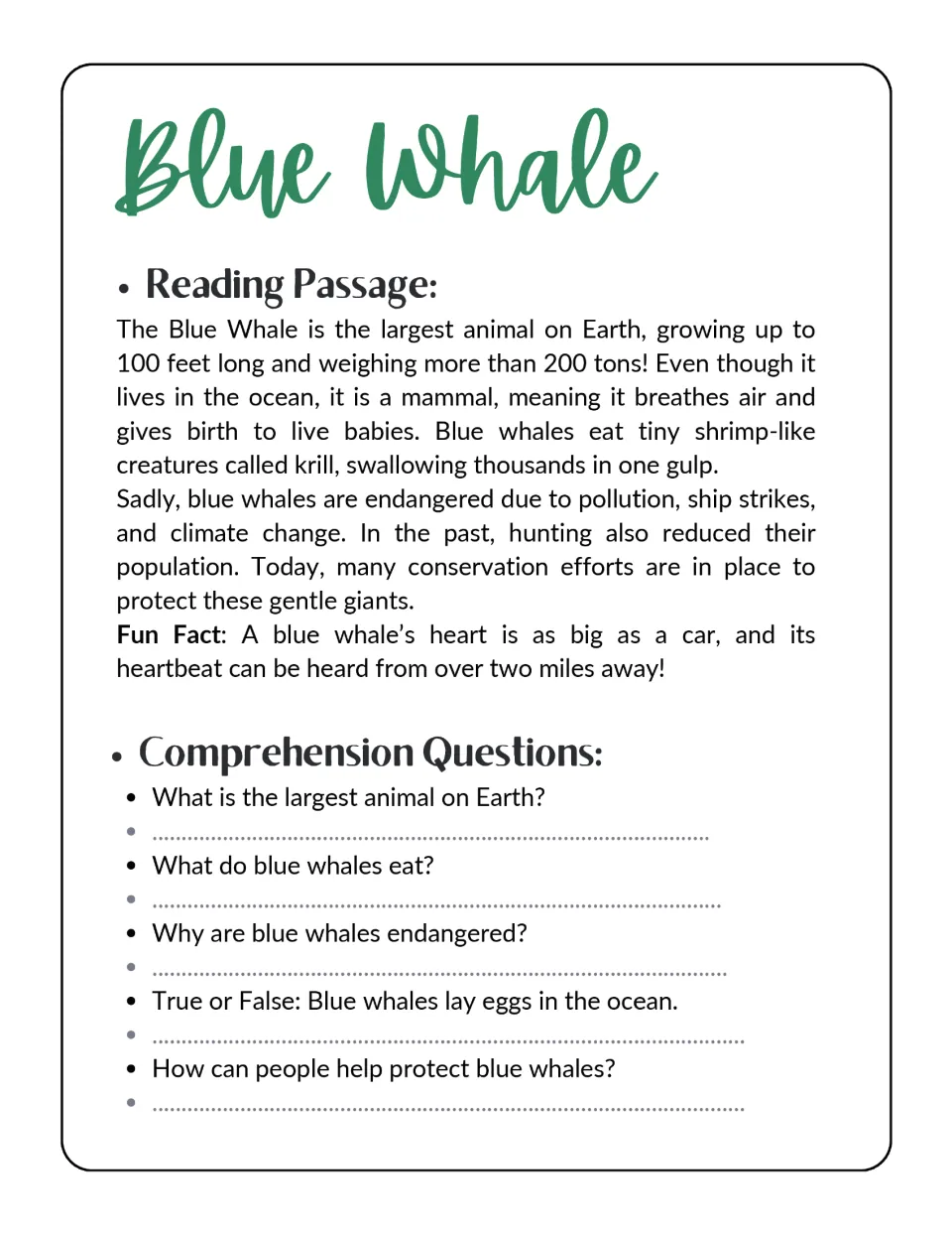 Blue whale reading passage and five questions about its size, krill diet, mammal traits, and protection