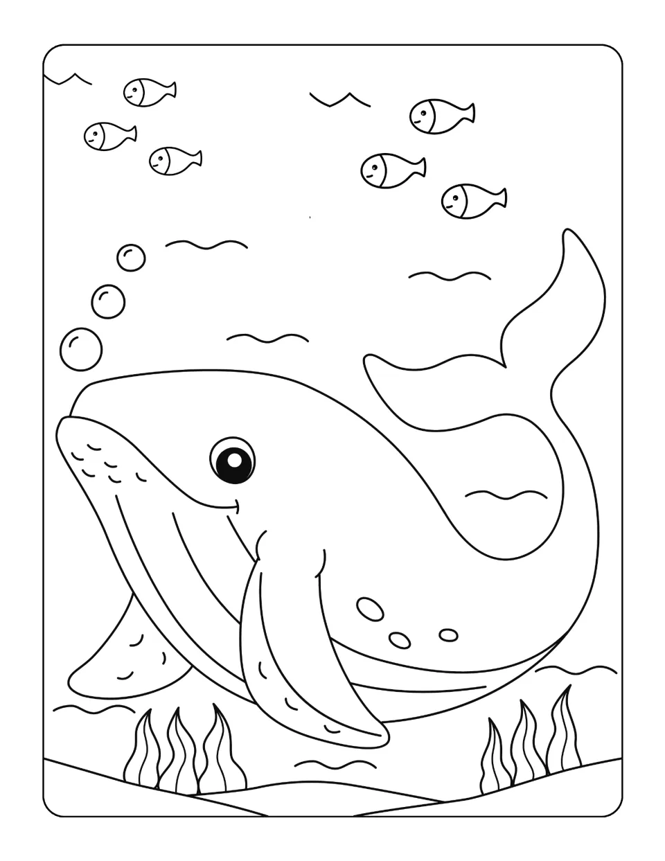Blue whale coloring page accompanying the reading passage, showing a whale swimming among fish and bubbles