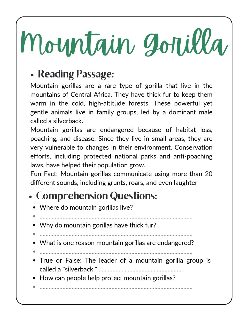 Mountain gorilla reading passage and five questions about habitat, thick fur, threats, and silverback leaders