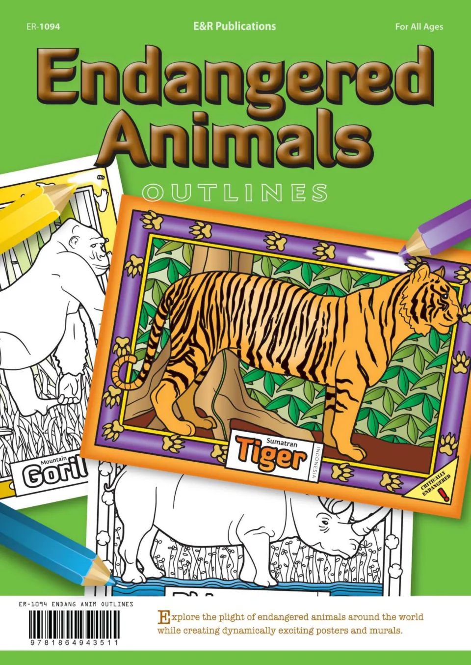 Cover of the animal coloring resource, showing a colored Sumatran tiger and gorilla and rhinoceros outlines