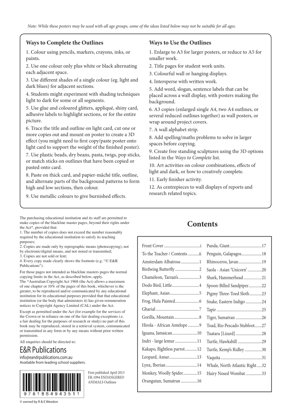 Teacher guide for the animal outlines: coloring methods, classroom display uses, and contents listing 33 animals