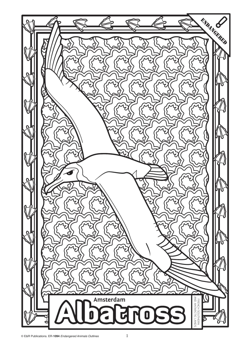 Animal coloring outline 1: Amsterdam albatross in flight, labeled French Southern and Antarctic Lands