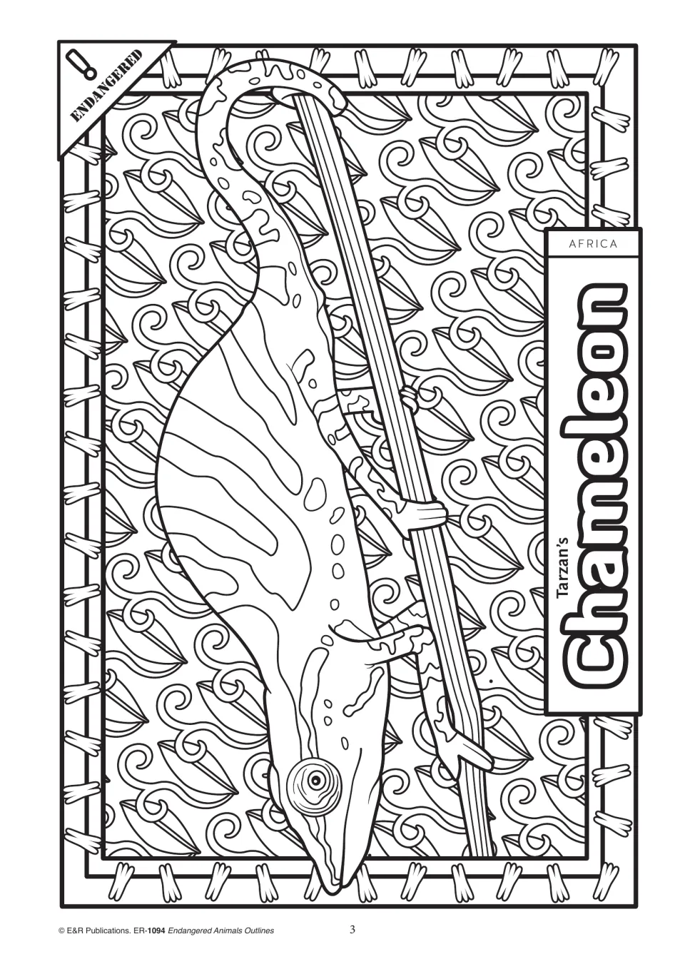Animal coloring outline 3: Tarzan's chameleon gripping a branch with its tail curled, labeled Africa