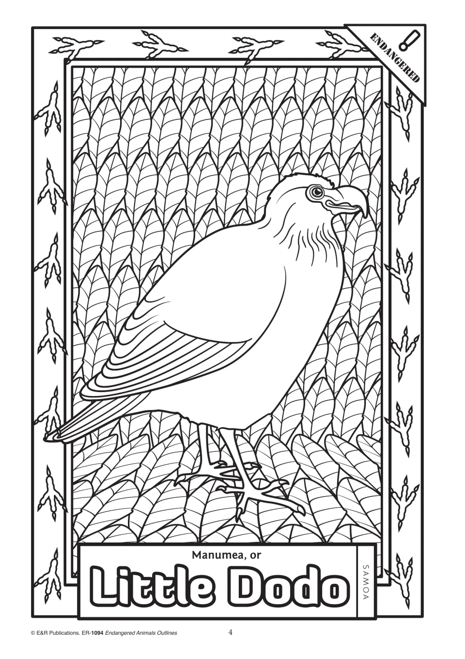 Animal coloring outline 4: a standing bird labeled 'Manumea, or Little Dodo' and identified with Samoa