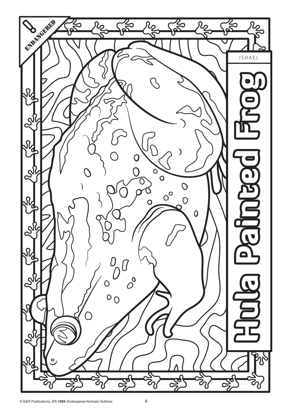 Animal coloring outline 6: Hula painted frog with patterned skin and folded hind legs, labeled Israel