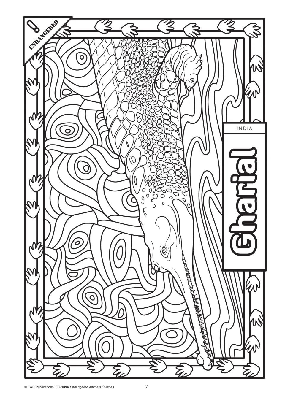 Animal coloring outline 7: gharial with a long, narrow snout, visible teeth, and scaly skin, labeled India