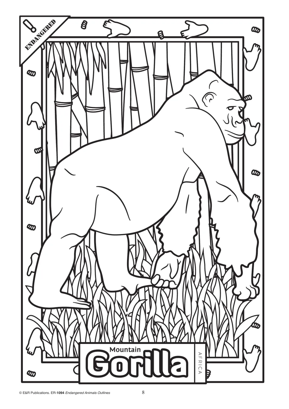 Animal coloring outline 8: mountain gorilla standing on all fours among bamboo and leaves, labeled Africa