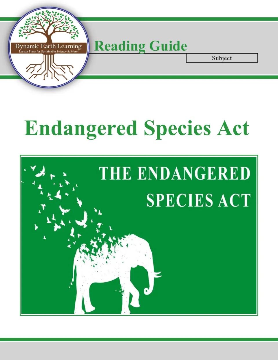 Endangered Species Act reading guide cover from Dynamic Earth Learning, showing an elephant silhouette turning into birds