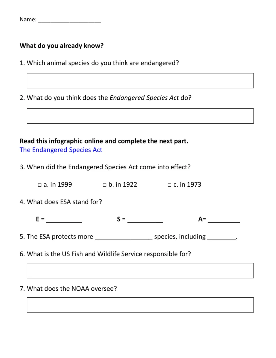 ESA prior knowledge and infographic questions: students name endangered animals, the ESA start date, FWS and NOAA roles