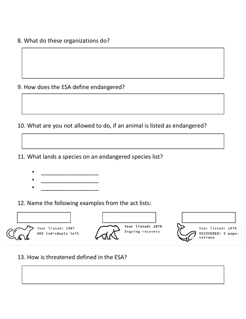 ESA definitions and listing: students define endangered and threatened, then name three listed animals from their icons