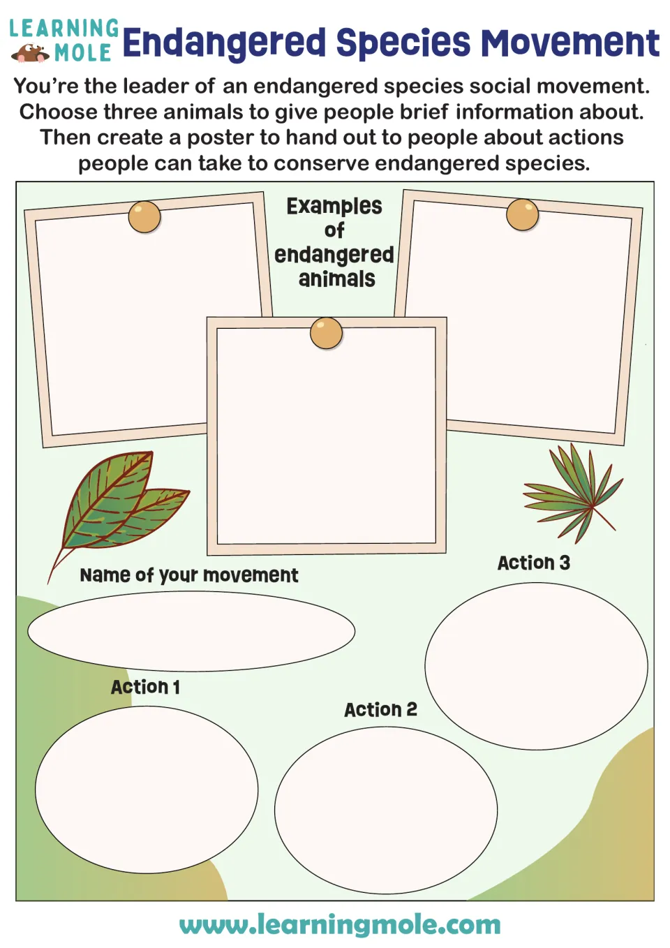 Endangered species poster: students name a movement, profile three chosen animals and list 3 conservation actions