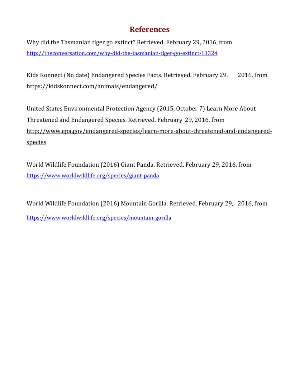 References page citing sources on the Tasmanian tiger, giant panda, mountain gorilla and endangered species facts